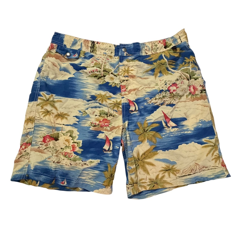 Lands End Hoffman California Fabrics Tropical Sailboat Swim Trunks Mens Large‎ L